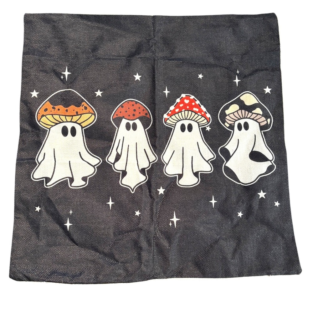 Ghost Mushroom Halloween Pillow‎ Cover Black Cottagecore Spooky Decor 18x18 NWOT - Picture 2 of 7